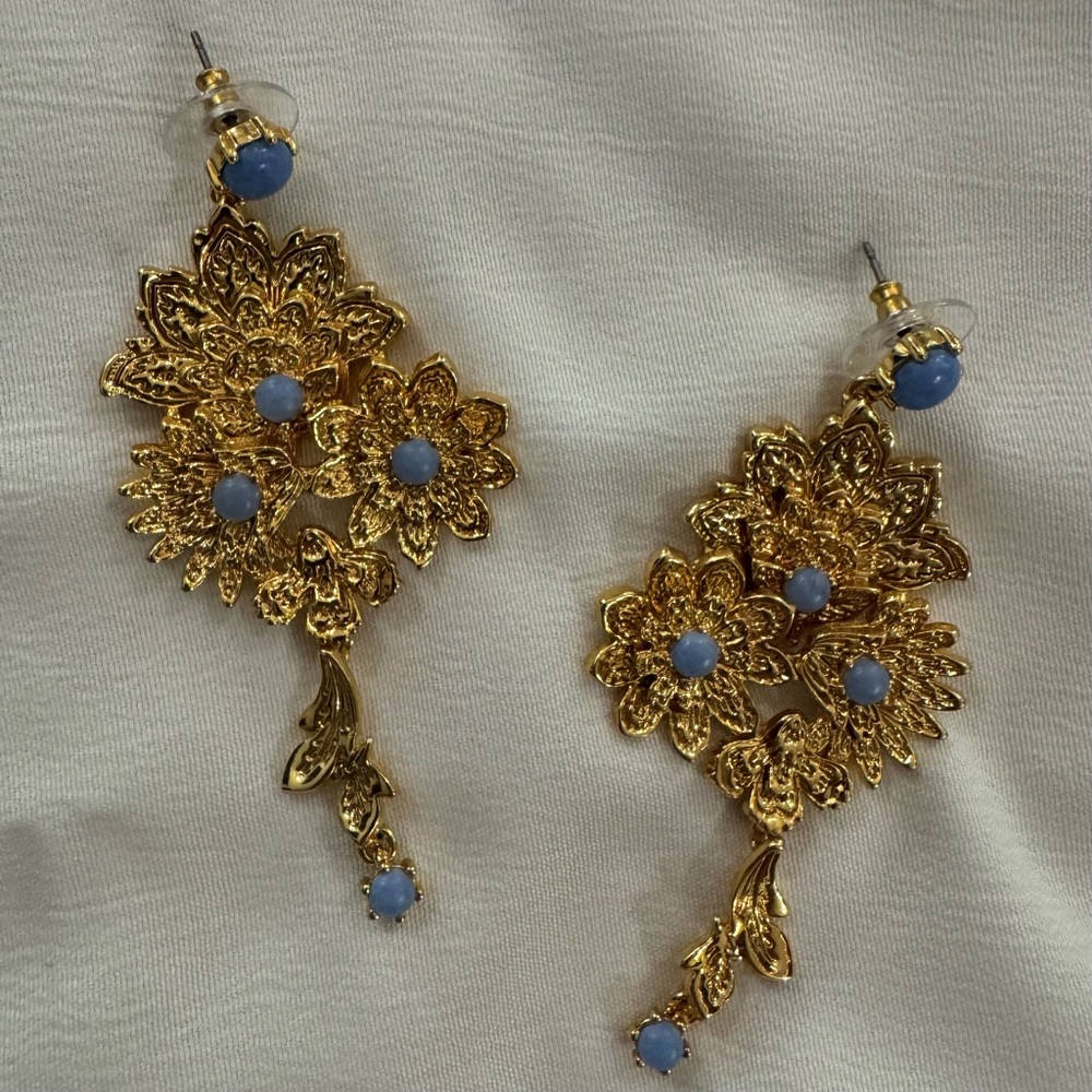 Madewell Semiprecious Floral Chintz Chandelier Earrings, Blue and Gold - Picture 2 of 5